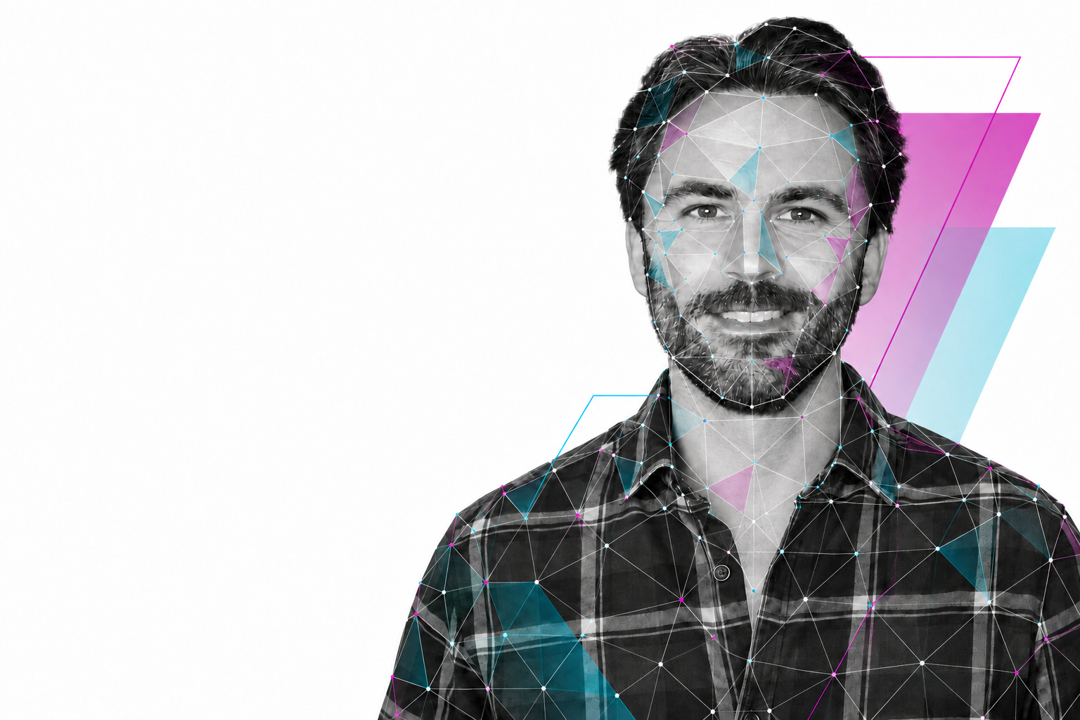 Black-and-white portrait of Craig with Boost WP geometric polygon accents